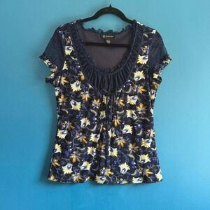 Y2K Mesh Lace Blouse Women's Size Large Blue Floral Inc Sheer Whimsygoth Ribbon